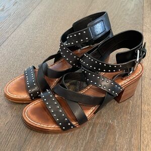 Sigerson Morrison black ankle wrap stacked sandal chunky heel 7 stud grommet